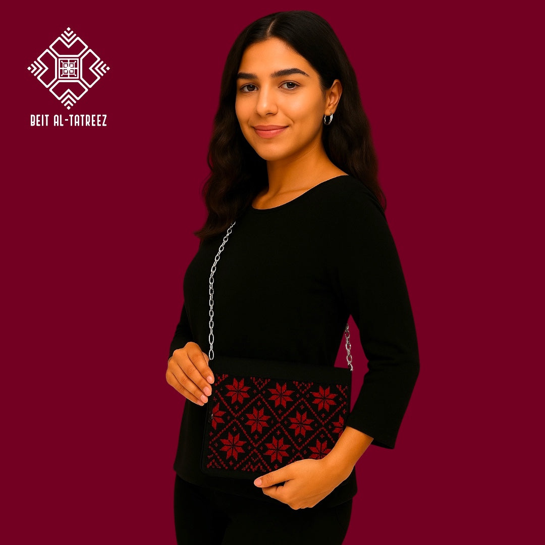 Handmade Ruby Red Traditional Tatreez Crossbody & Handbag