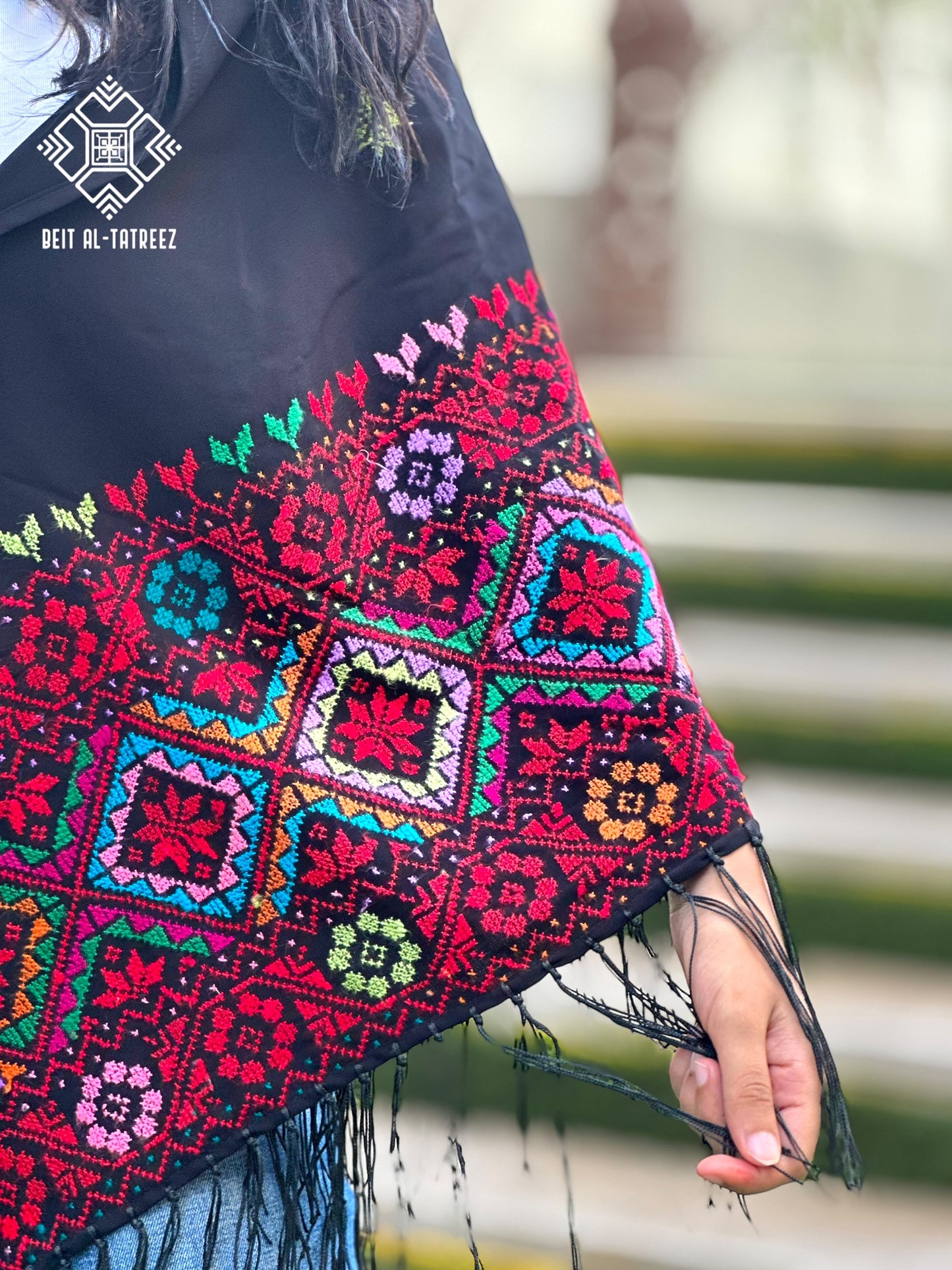 Layali Palestinian Hand-Stitched Shawl – Black & Multicolor