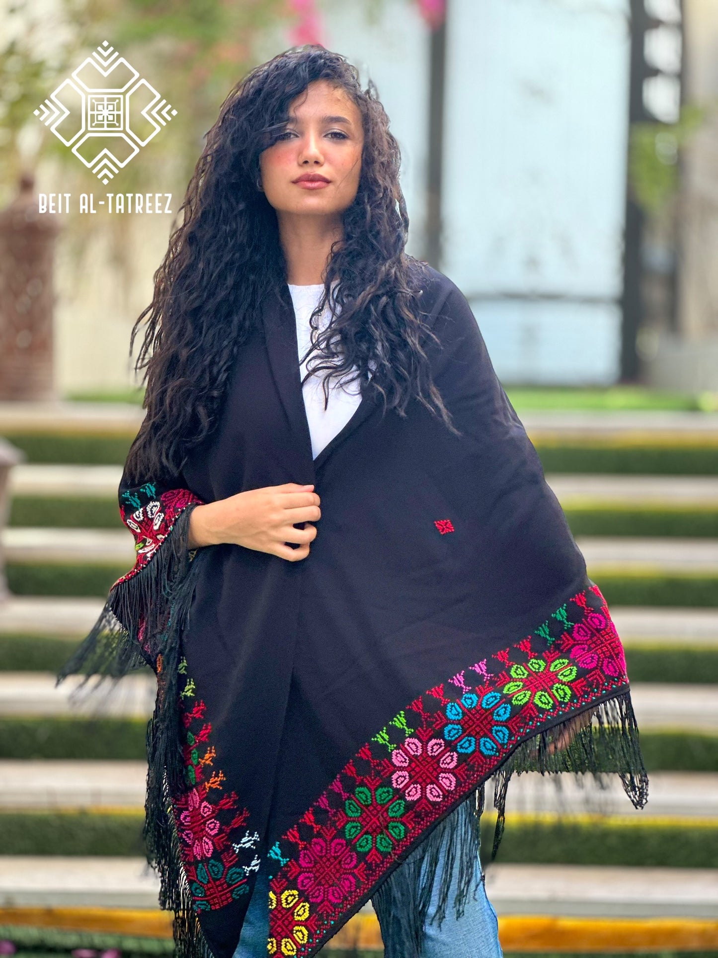 Ward Palestinian Tatreez Shawl – Black & Multicolor