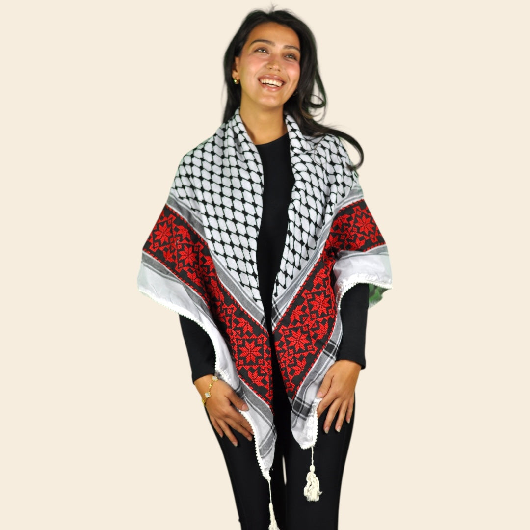 Tatreez Palestinian Keffiyeh - Embroidered Red Flower