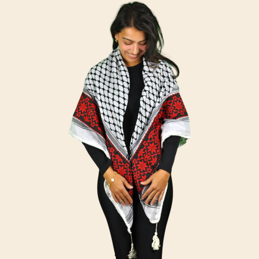 Tatreez Palestinian Keffiyeh - Embroidered Red Flower