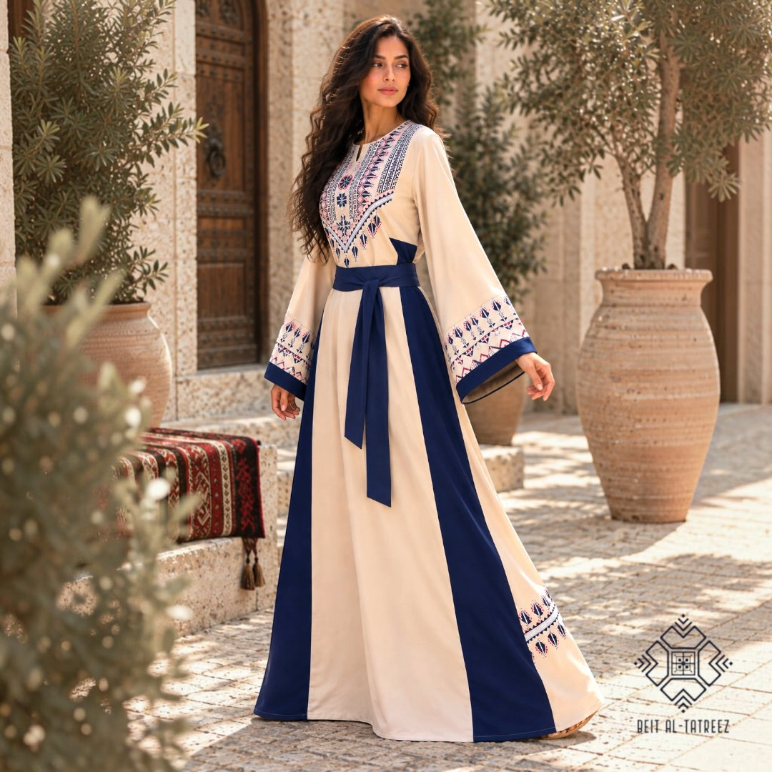 Layal Palestinian Heritage Dress – Cream & Navy
