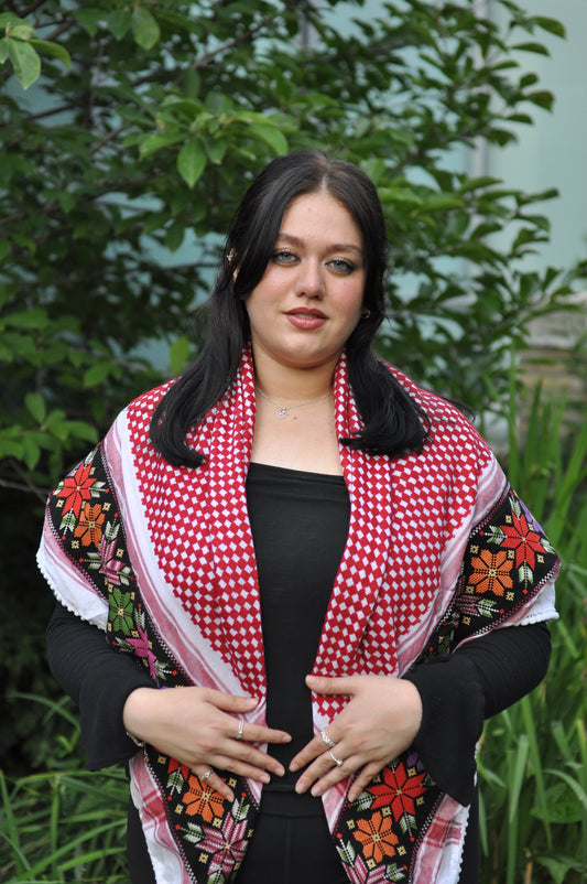 Tatreez Palestinian Red Keffiyeh – Embroidered Flowers