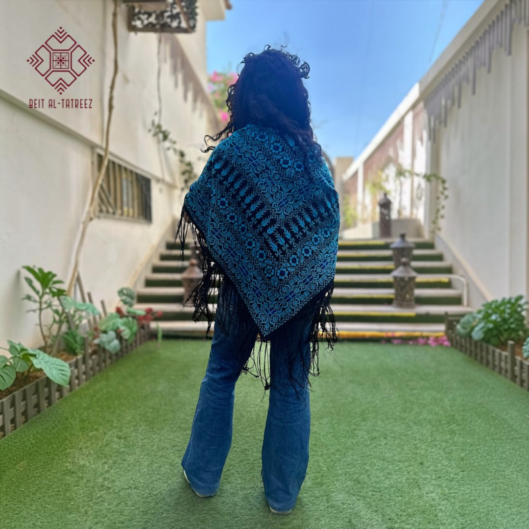 Sama Palestinian Hand-Stitched Shawl – Turquoise & Black