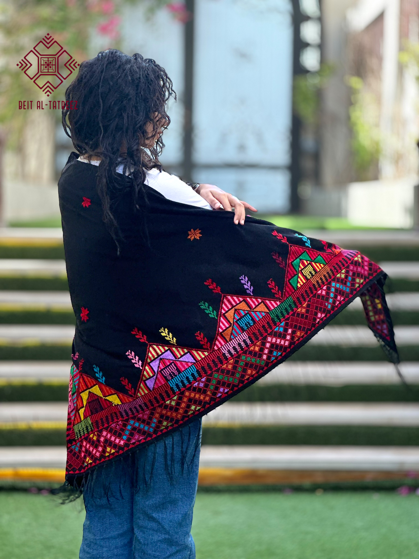 Farah Palestinian Hand-Stitched Shawl – Multicolor & Black