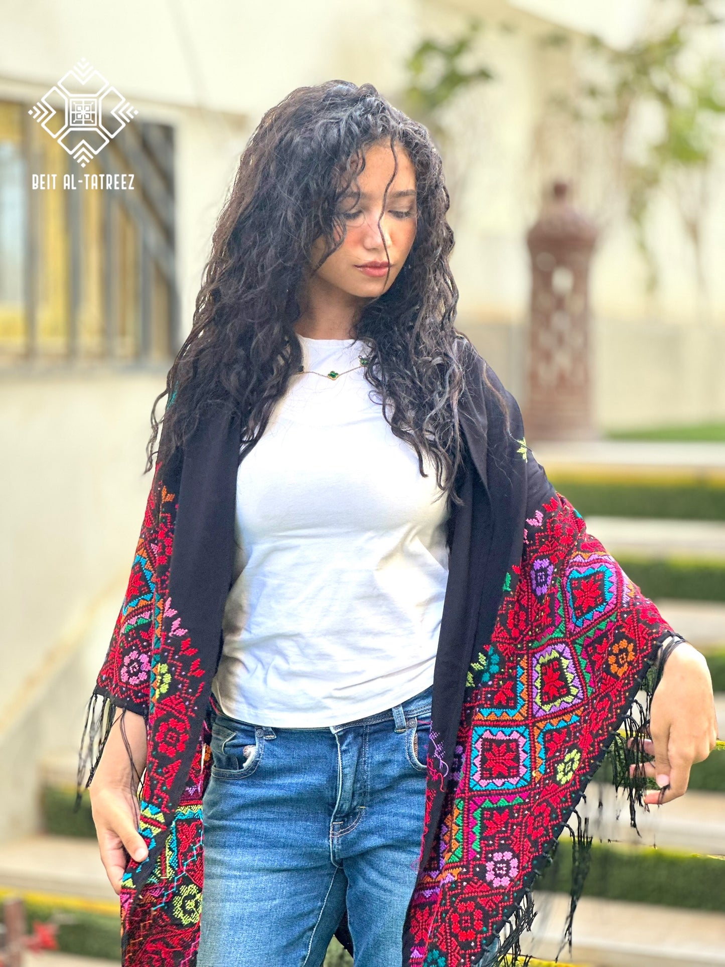 Layali Palestinian Hand-Stitched Shawl – Black & Multicolor