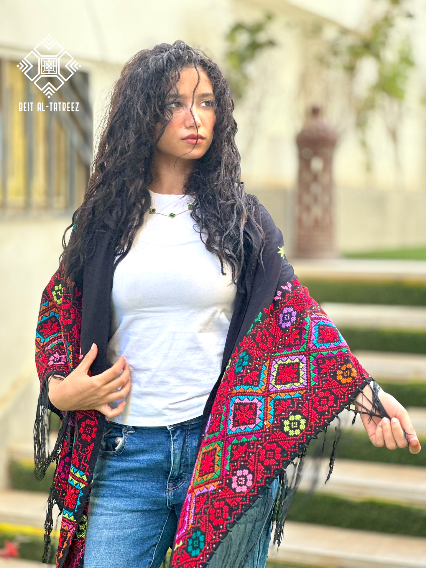 Layali Palestinian Hand-Stitched Shawl – Black & Multicolor