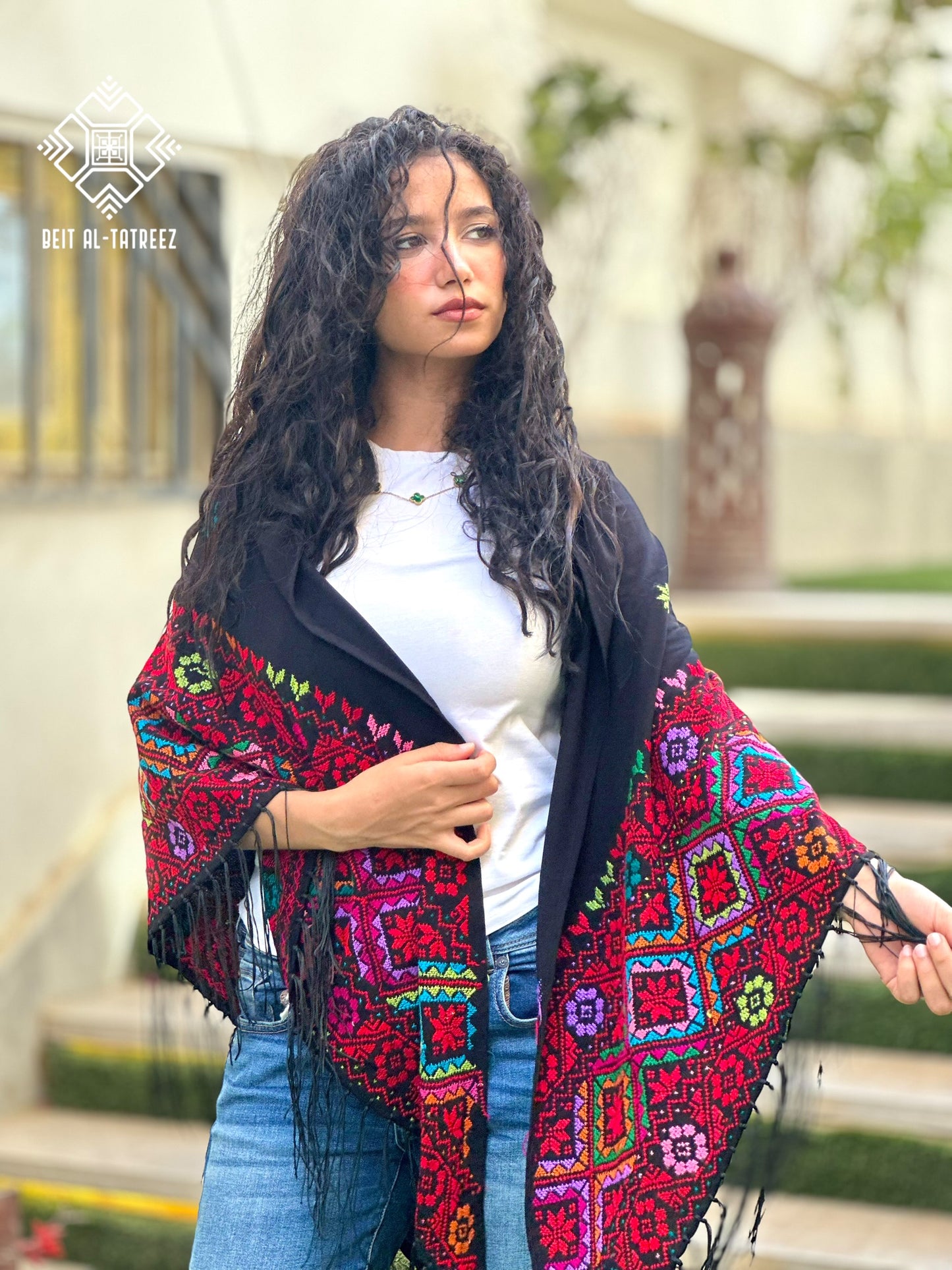 Layali Palestinian Hand-Stitched Shawl – Black & Multicolor