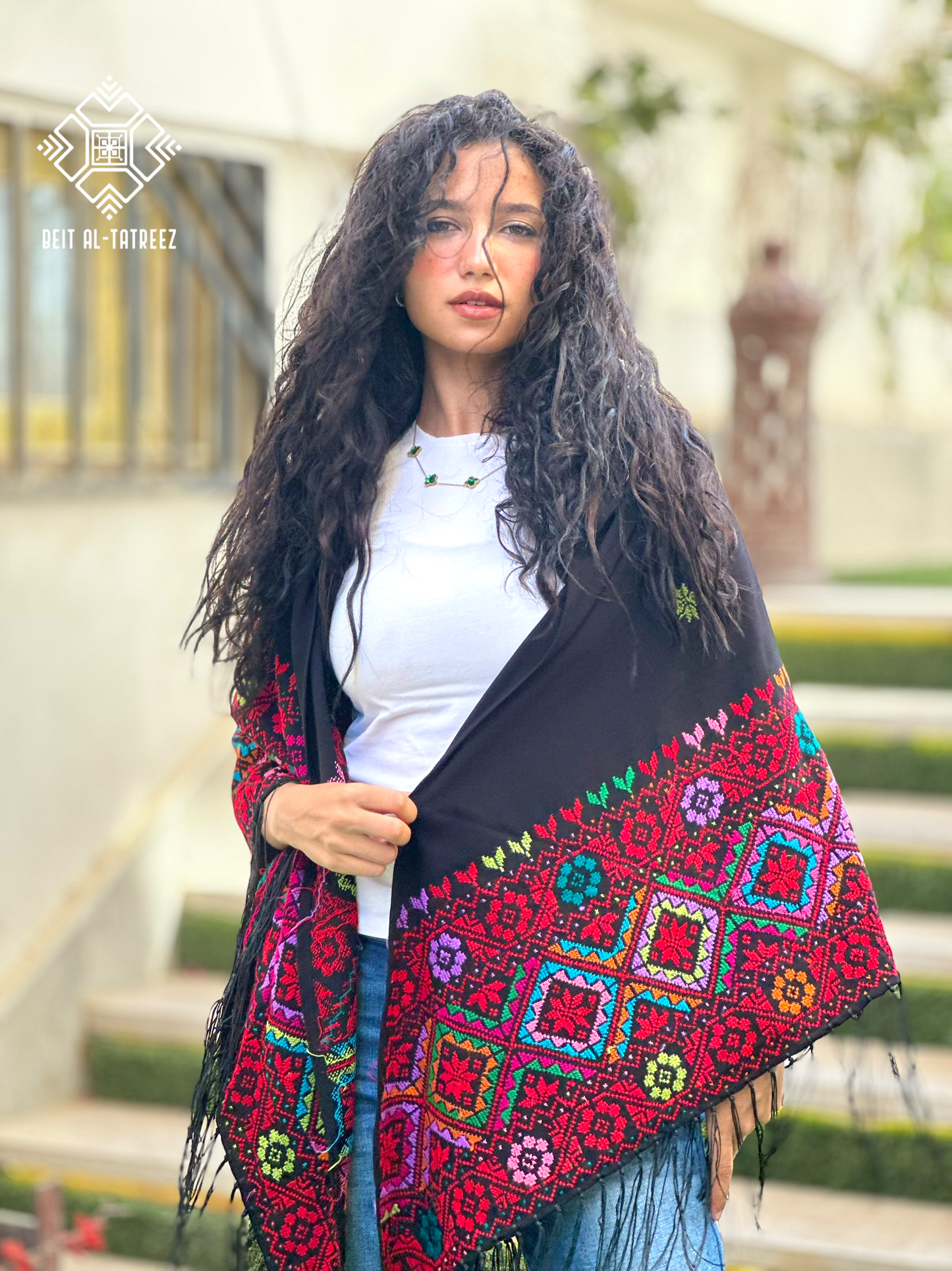 Layali Palestinian Hand-Stitched Shawl – Black & Multicolor