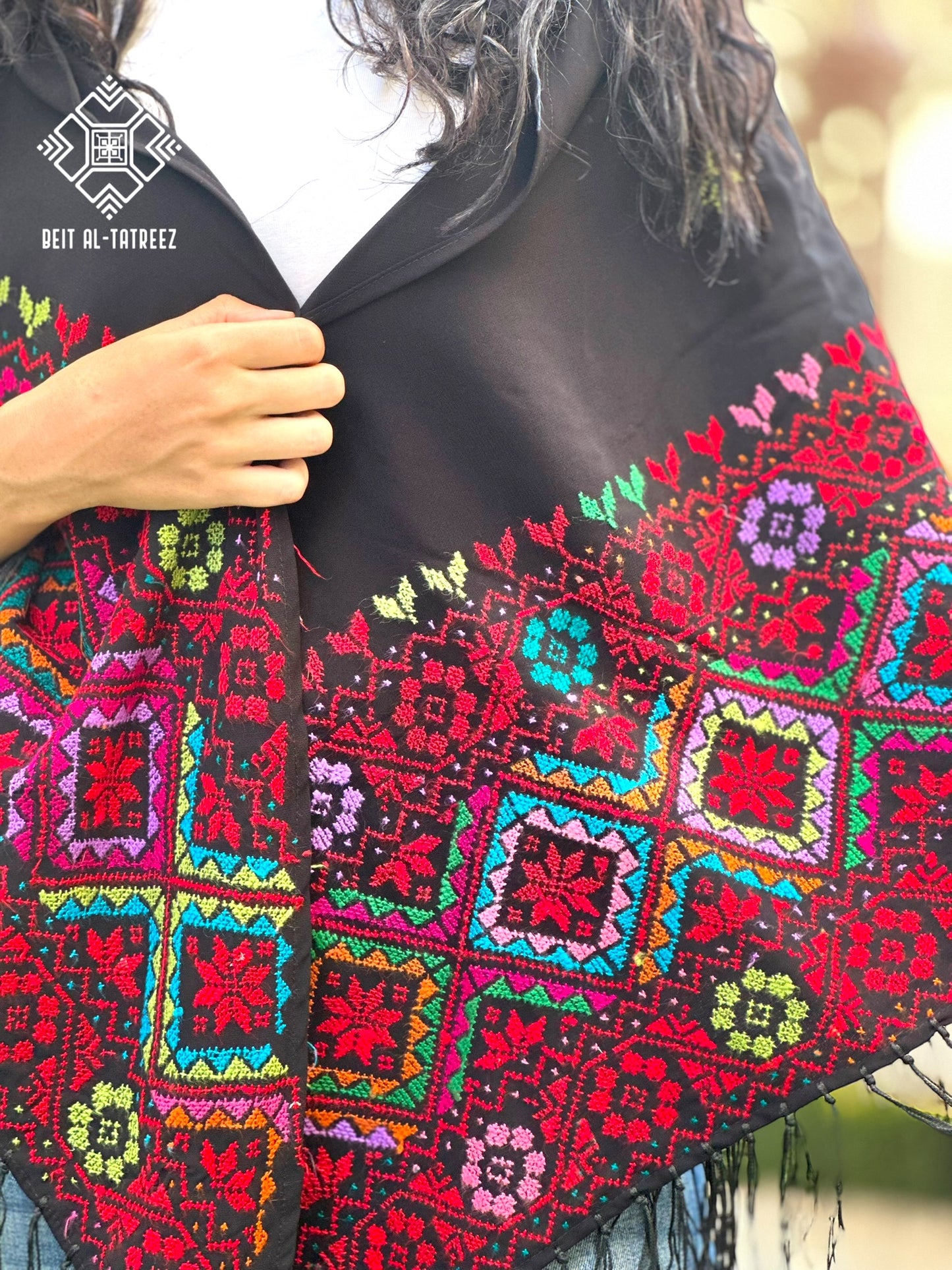 Layali Palestinian Hand-Stitched Shawl – Black & Multicolor