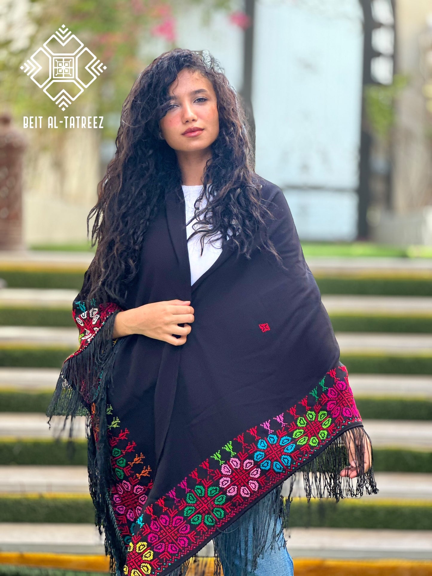 Ward Palestinian Tatreez Shawl – Black & Multicolor