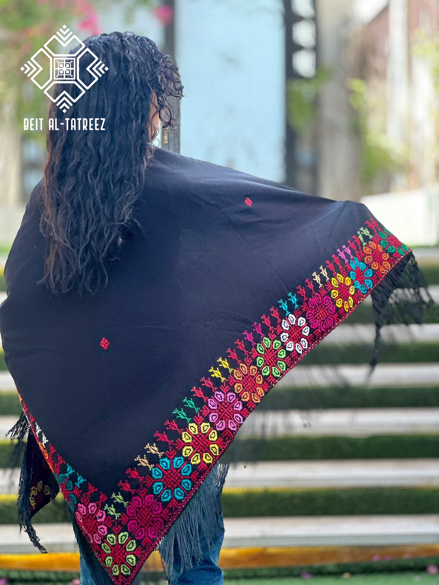 Ward Palestinian Tatreez Shawl – Black & Multicolor