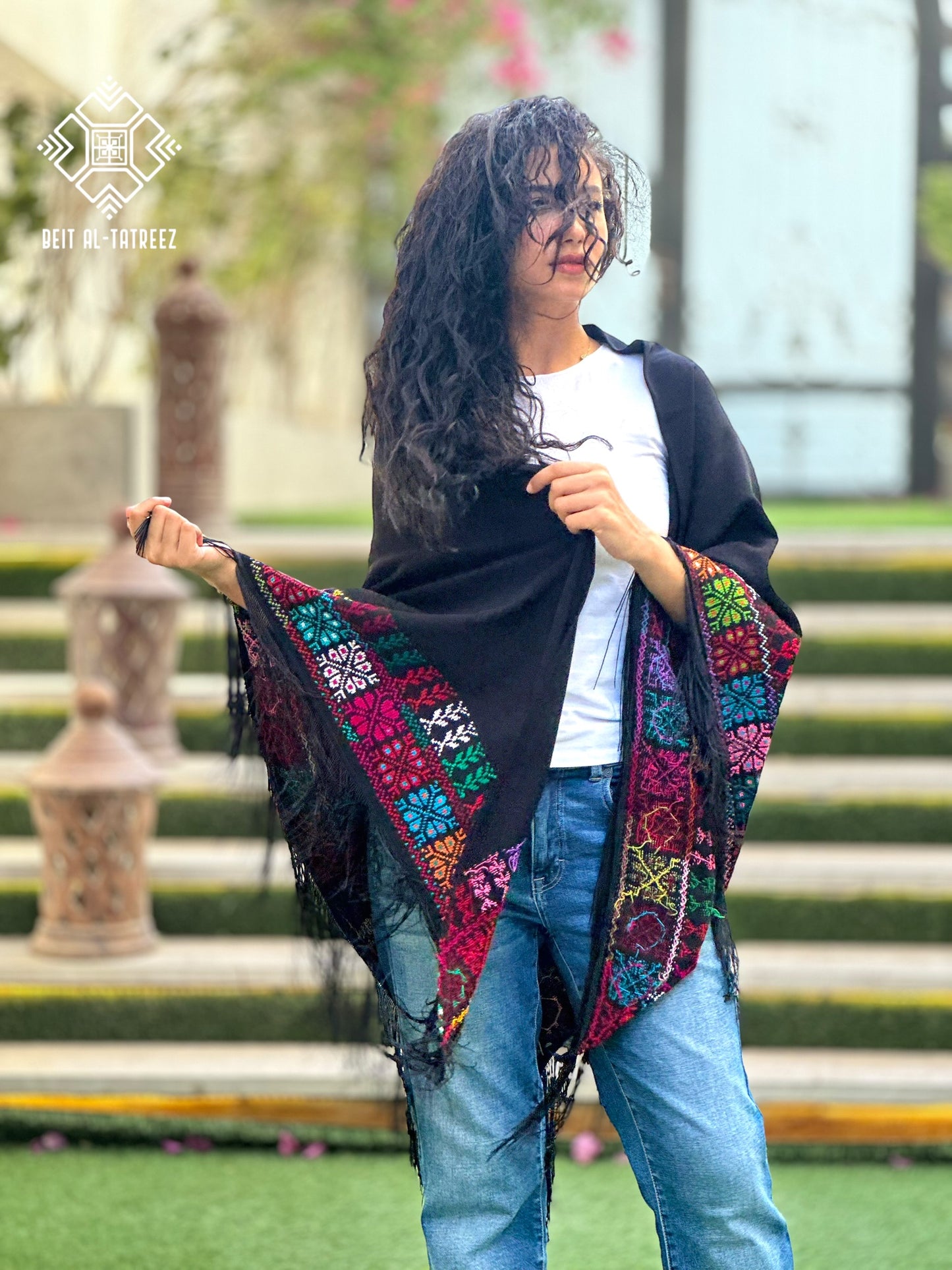 Najma Palestinian Tatreez Shawl – Black & Multicolor