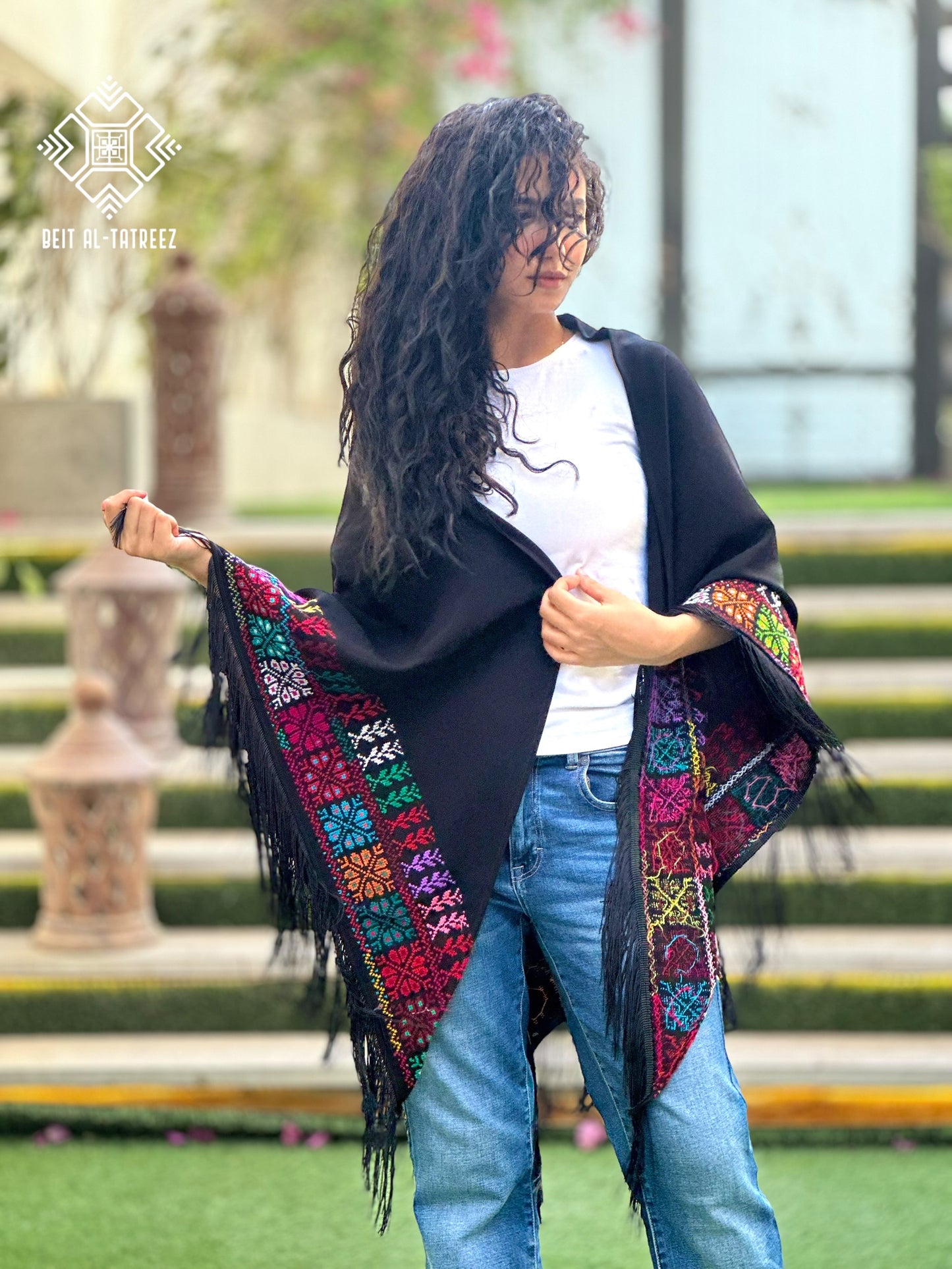 Najma Palestinian Tatreez Shawl – Black & Multicolor