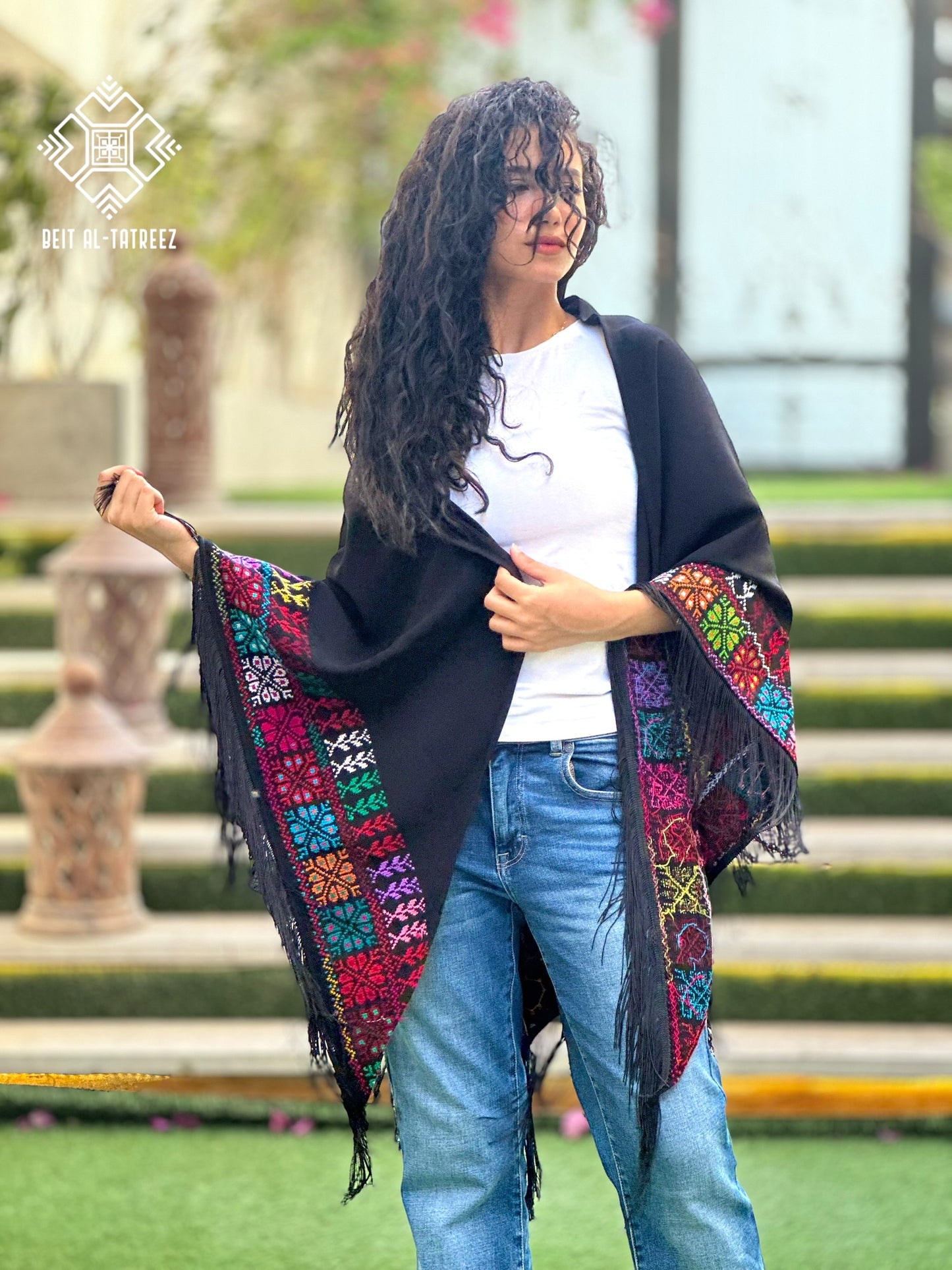 Najma Palestinian Tatreez Shawl – Black & Multicolor