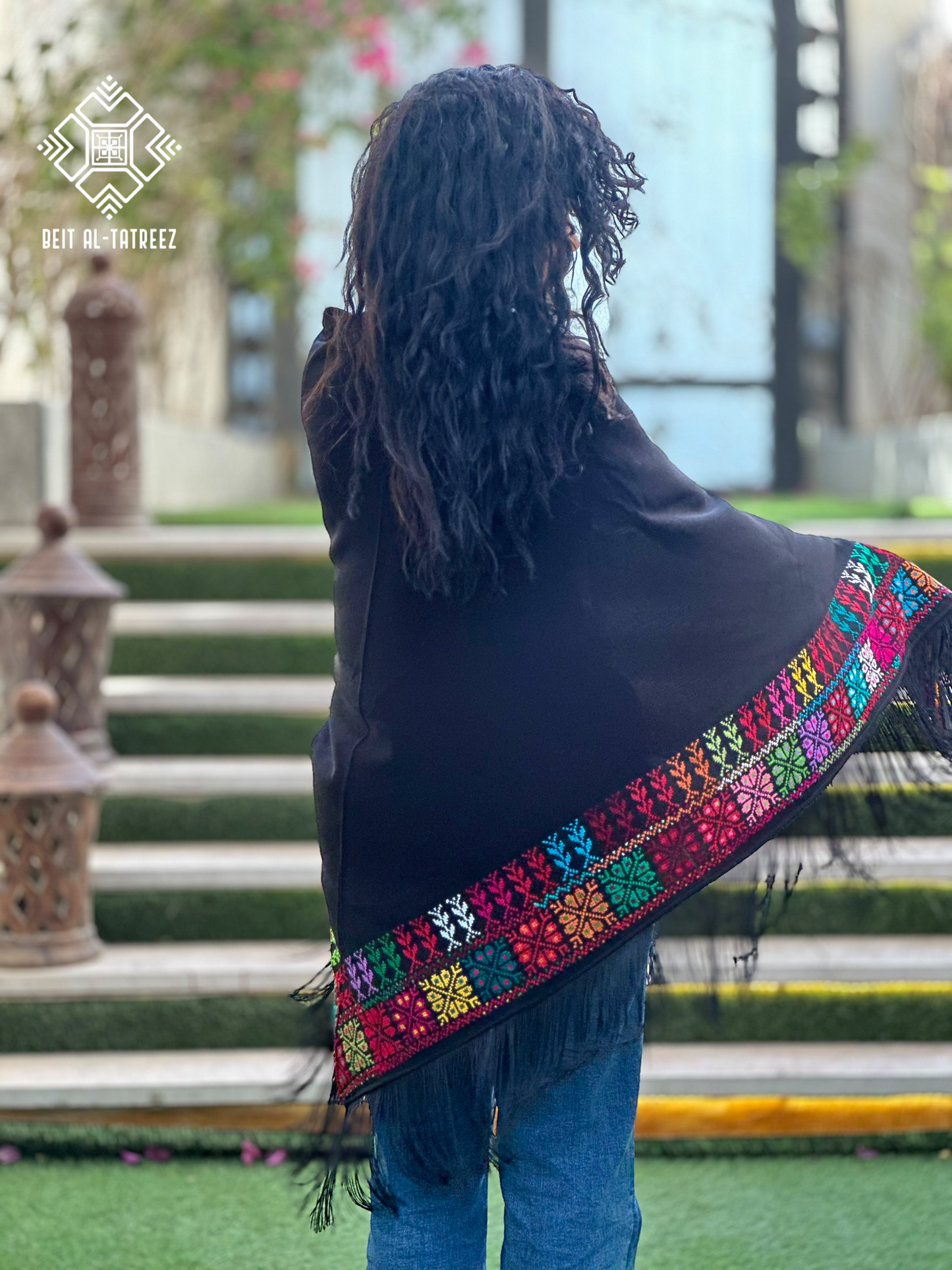 Najma Palestinian Tatreez Shawl – Black & Multicolor