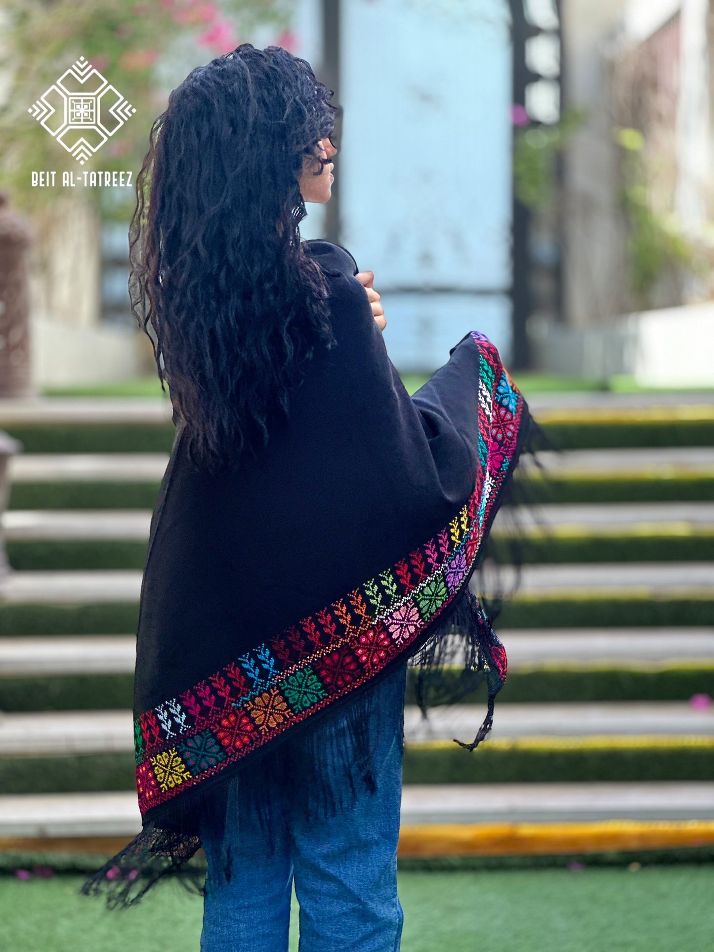 Najma Palestinian Tatreez Shawl – Black & Multicolor