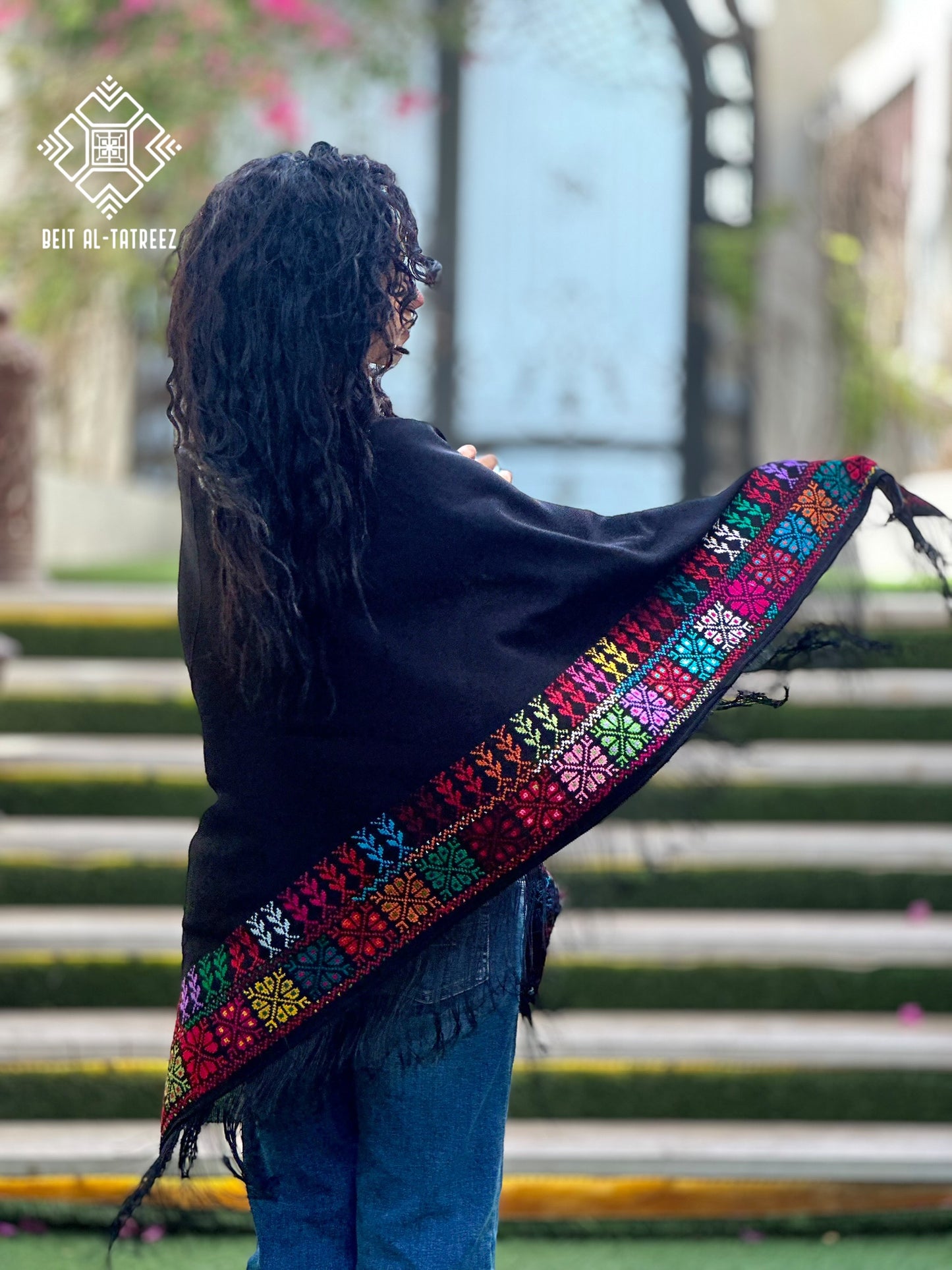 Najma Palestinian Tatreez Shawl – Black & Multicolor