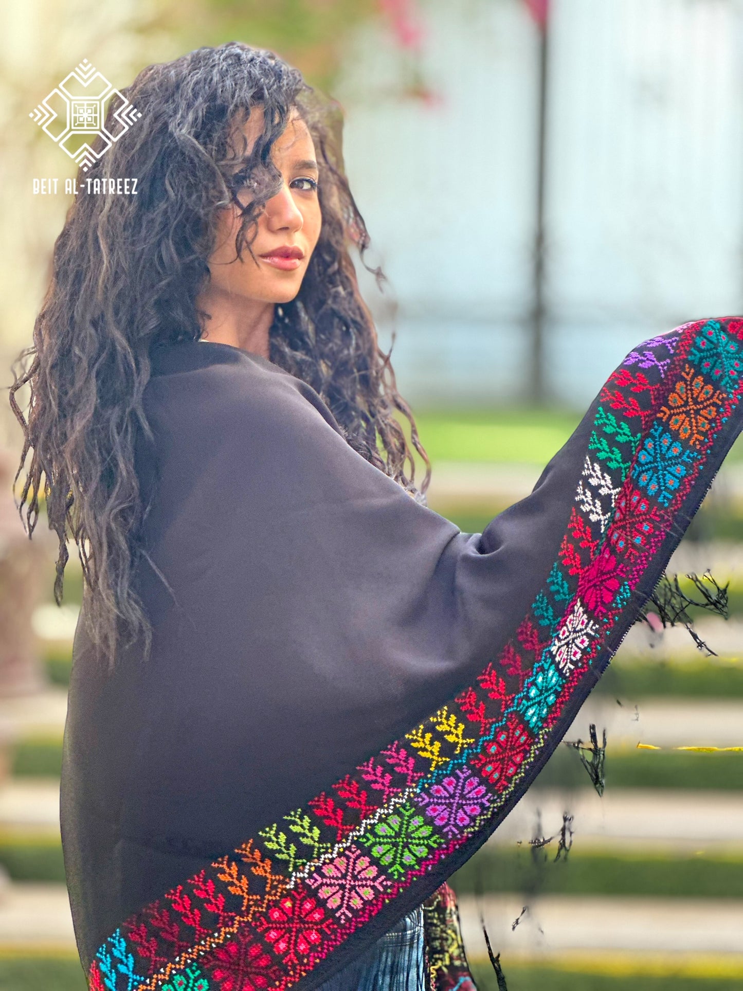 Najma Palestinian Tatreez Shawl – Black & Multicolor