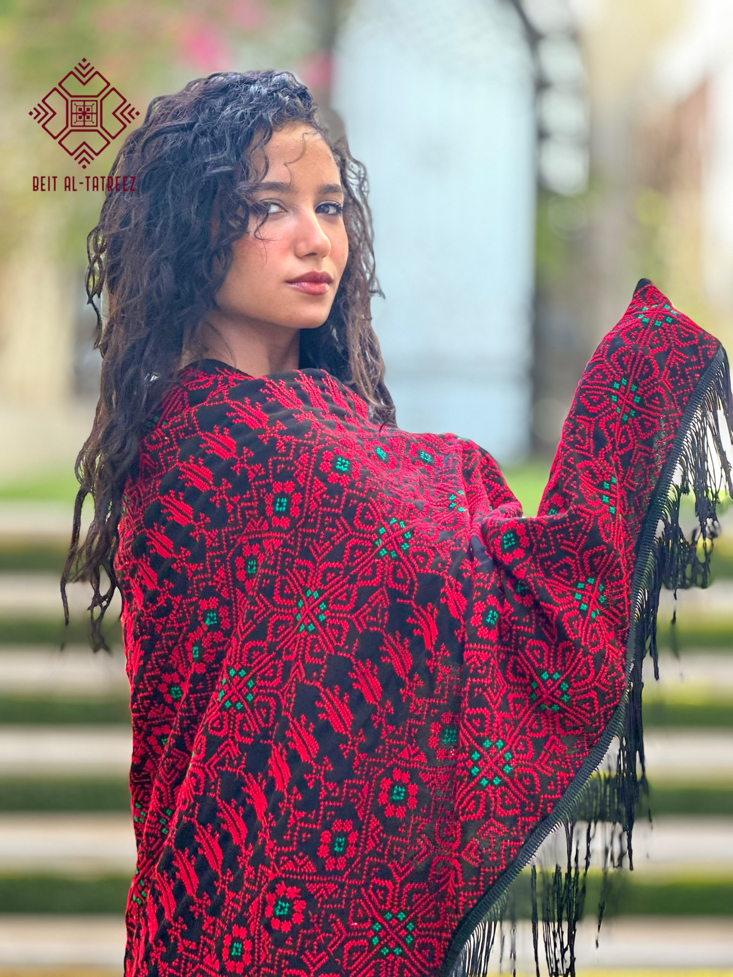 Jamra Palestinian Tatreez Shawl – Black, Crimson & Emerald