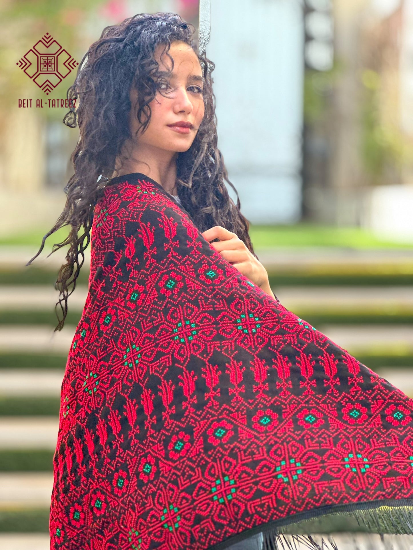 Jamra Palestinian Tatreez Shawl – Black, Crimson & Emerald