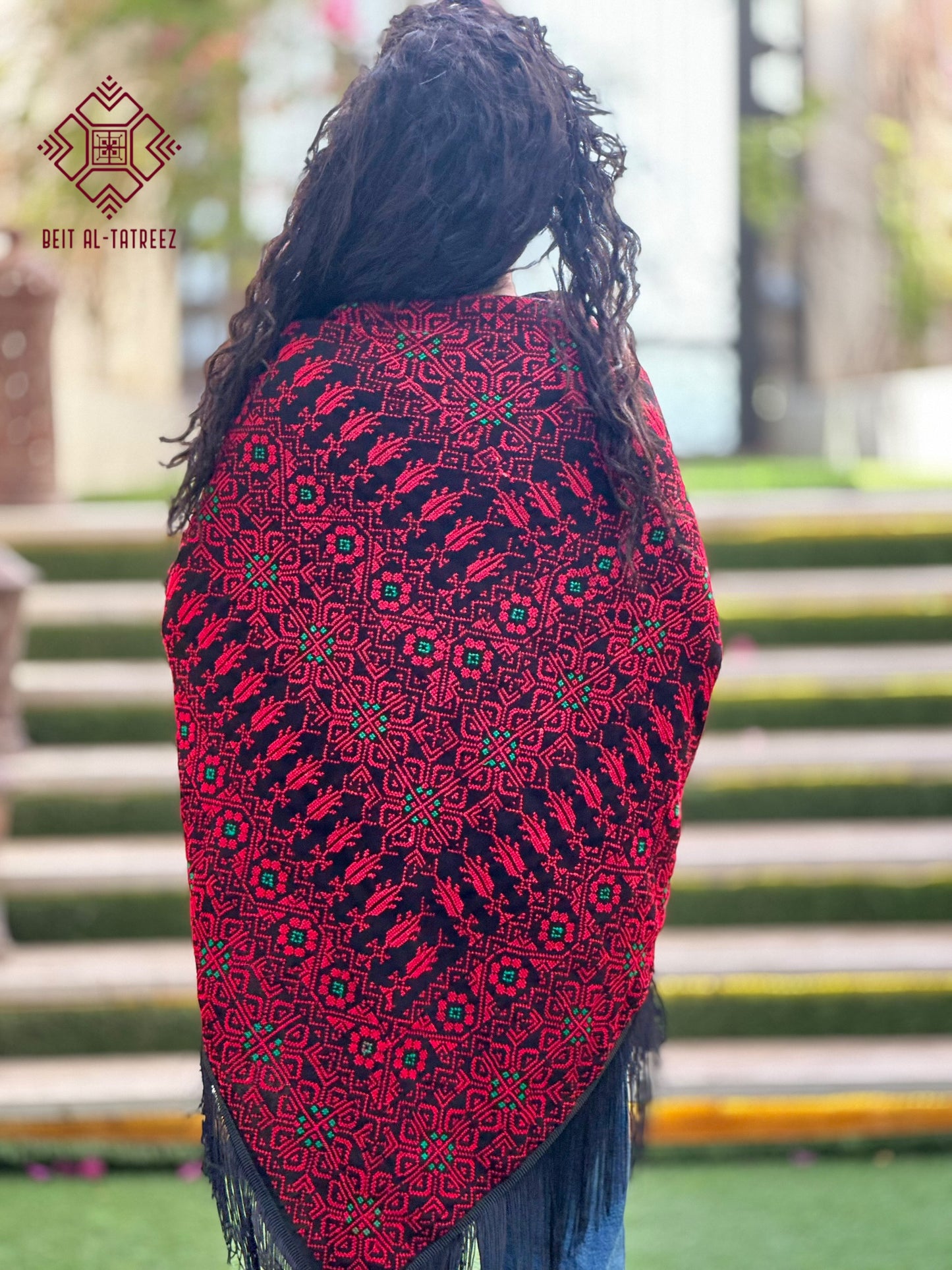 Jamra Palestinian Tatreez Shawl – Black, Crimson & Emerald