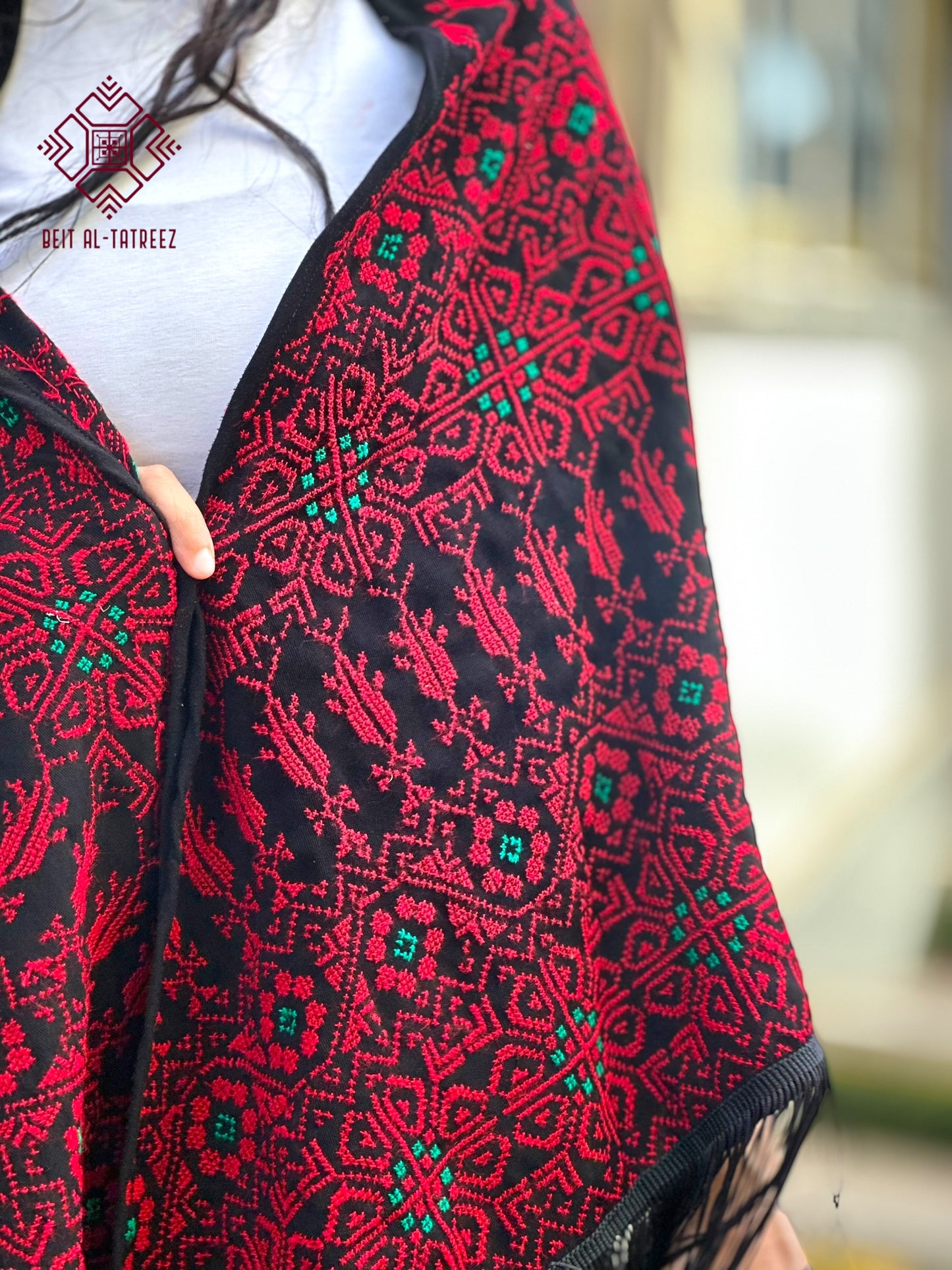 Jamra Palestinian Tatreez Shawl – Black, Crimson & Emerald