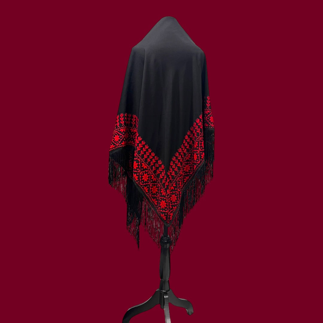 Layal Palestinian Hand-Stitched Shawl – Black & Ruby Red