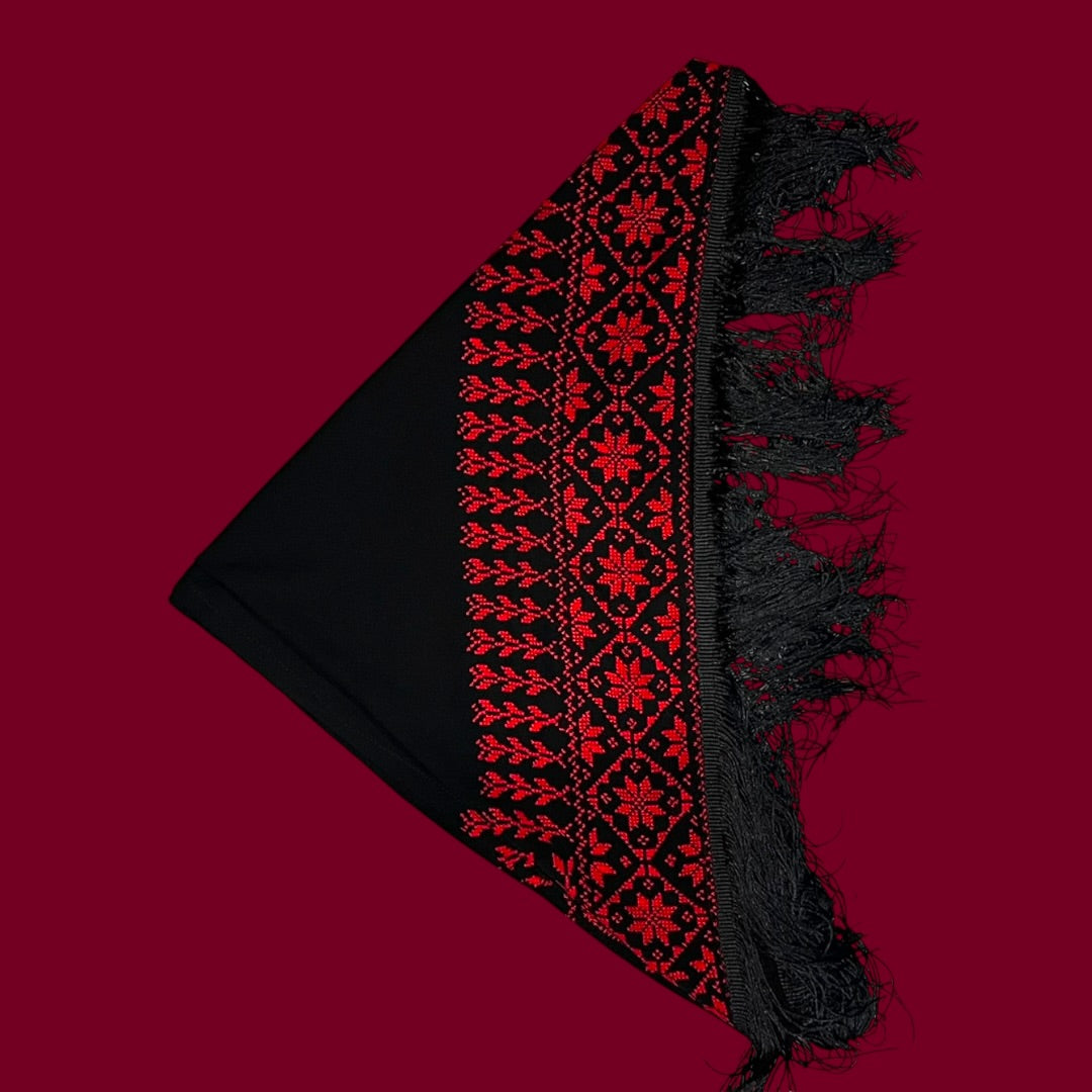 Layal Palestinian Hand-Stitched Shawl – Black & Ruby Red