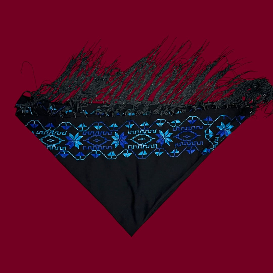 Nour Palestinian Hand-Stitched Shawl – Black & Sapphire Blue