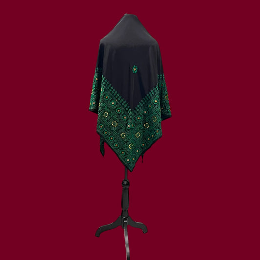 Zaytouna Palestinian Hand-Stitched Shawl – Black, Emerald Green & Gold