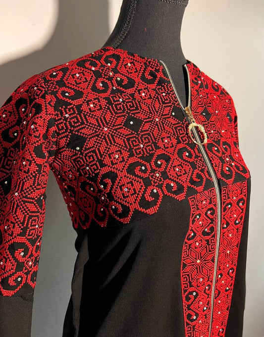 Black/Red Satin Embroidered Kids Thobe